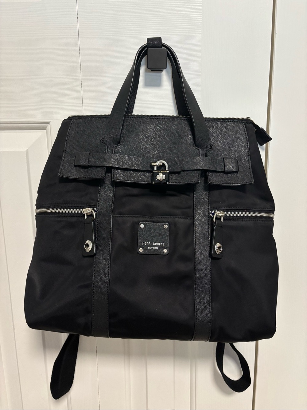 Henri Bendel JettsetteBlack Nylon Backpack with Leather Trim and Silver Hardware